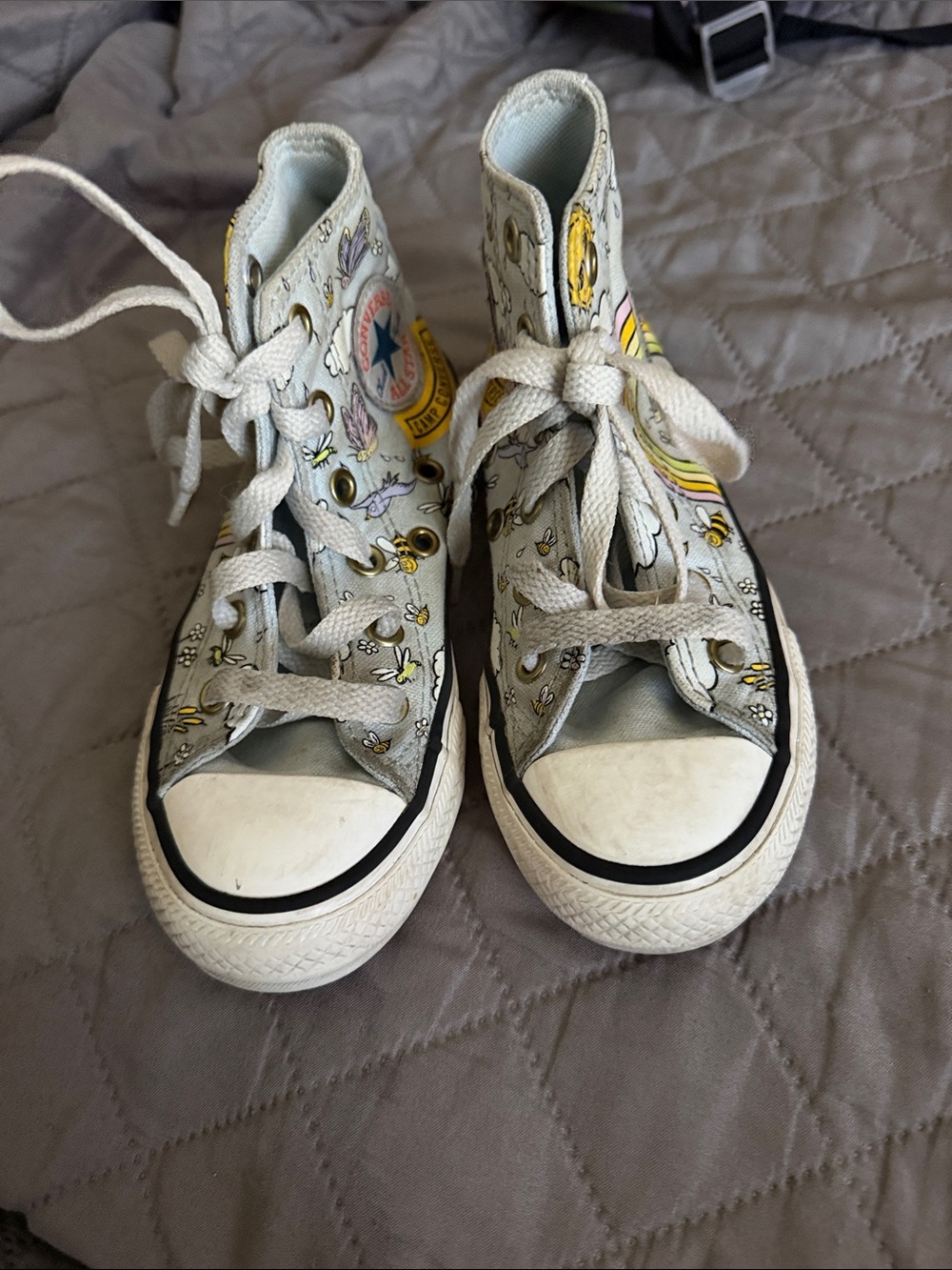 Converse Kids High-Top Sneakers in Light Gray with Yellow & Pink Accents